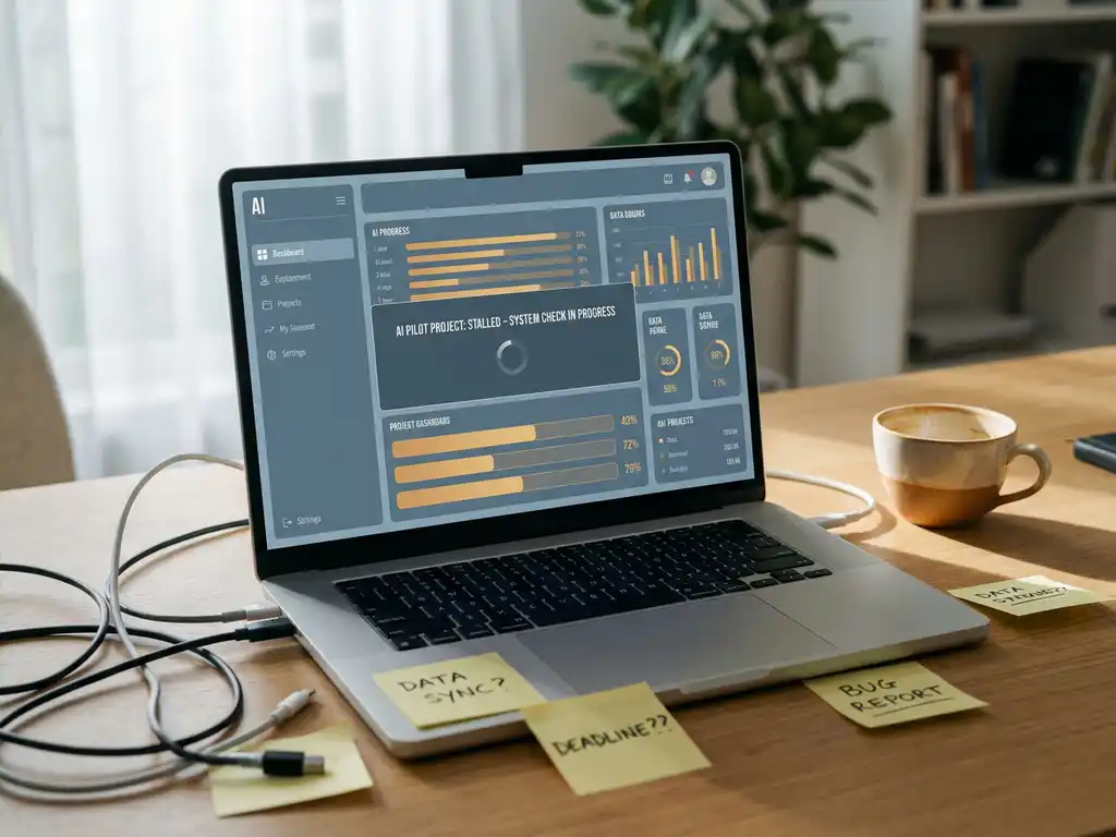 Laptop met vastgelopen AI-dashboard omringd door verstrengelde kabels, plakbriefjes en halfleeg koffiekopje op minimalistisch bureau.
