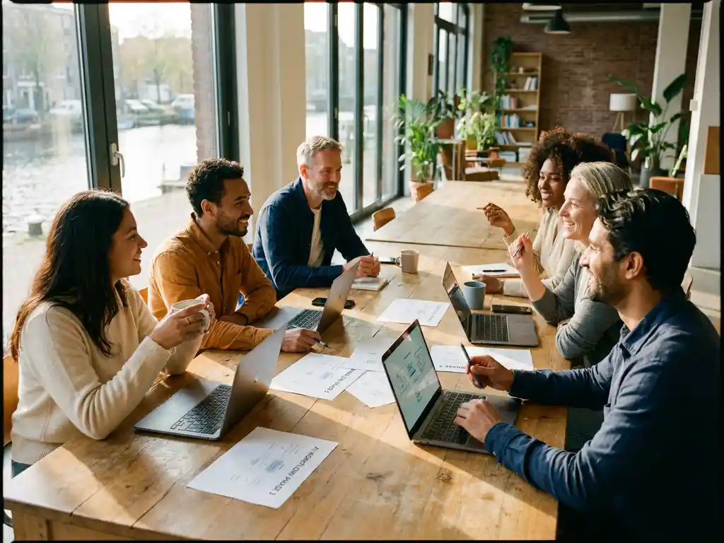 Diverse collega's overleggen rond een grote eikenhouten tafel in een licht modern Nederlands kantoor over AI-werkstroomdocumenten.