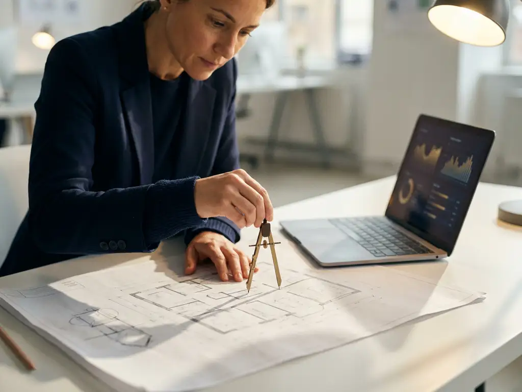 Professional die een passer nauwkeurig instelt op een architectonisch plattegrond, met laptop en warm gericht licht op minimalistisch bureau.