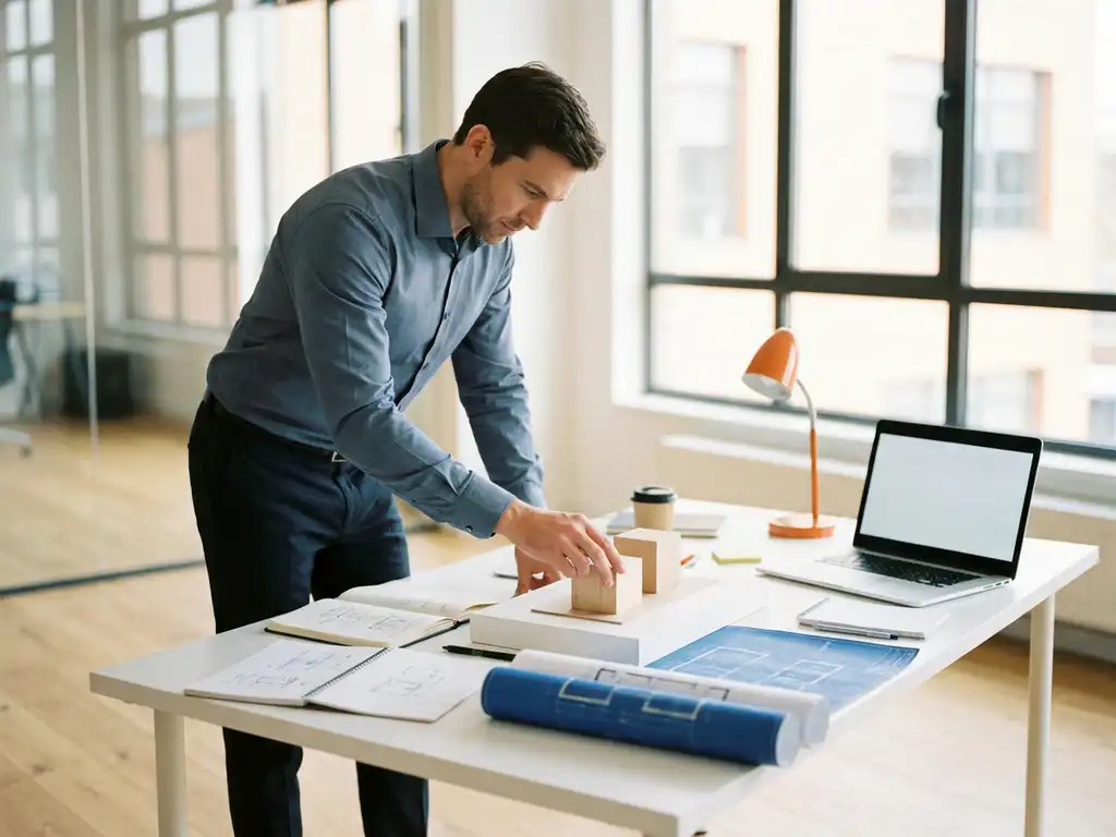 Professional plaatst eerste stuk van een architectuurmaquette op wit bureau met notitieboeken, procesdiagrammen en laptop in modern kantoor.
