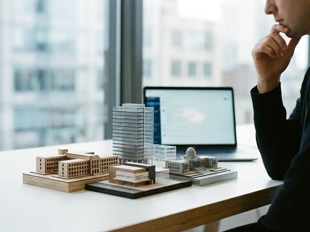 Hand die overweegt tussen miniatuur gebouwmodellen op wit bureau, symboliseert organisatiekeuze, laptop op achtergrond.