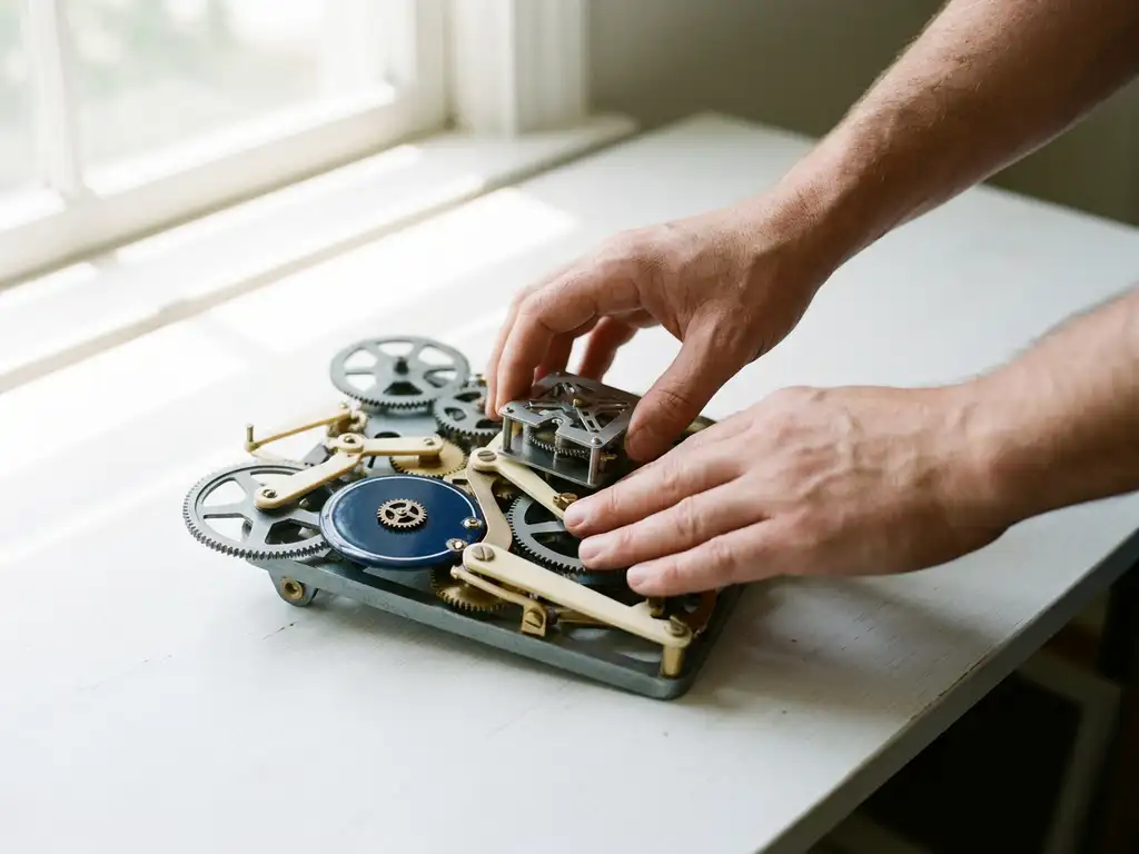 Twee handen comprimeren een complexe machine met tandwielen tot een handvol model op een wit bureau, zacht natuurlijk licht.