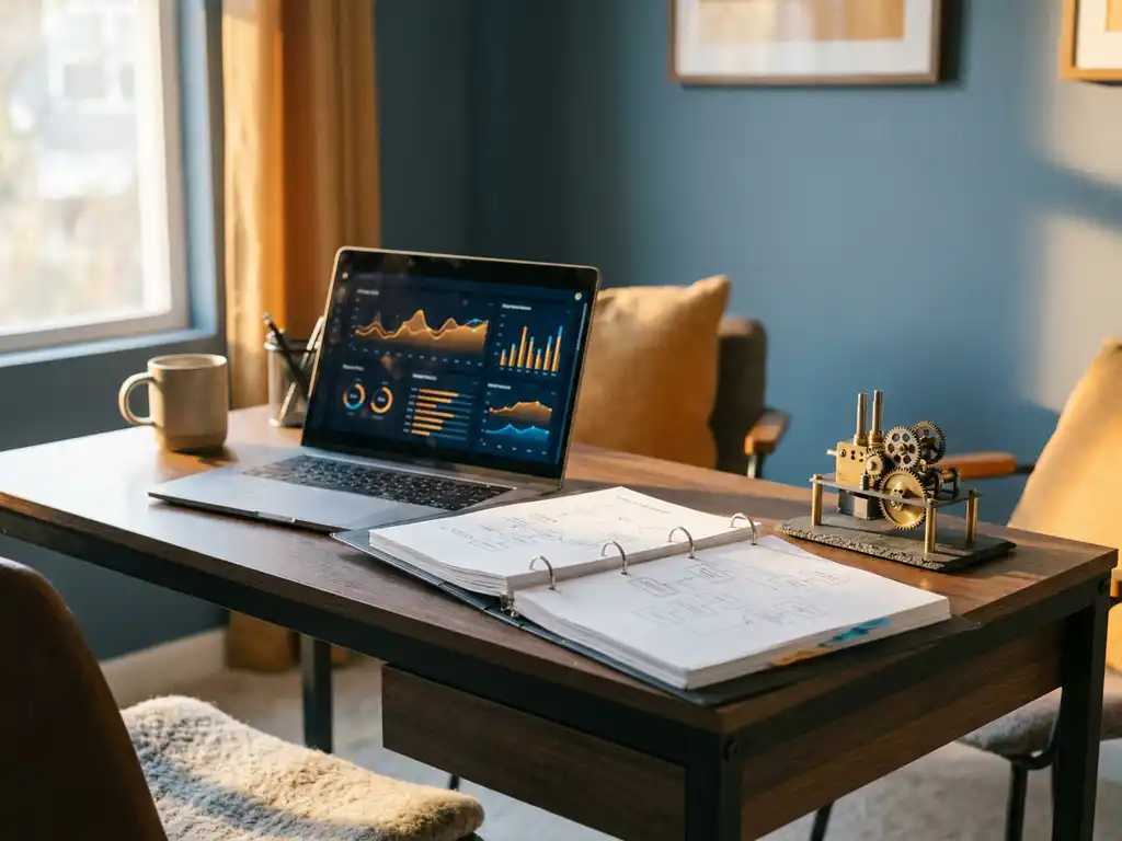 Laptop met data-dashboards naast een processtroomschema-map en tandwielmodel op een modern bureau, warm gouden licht.