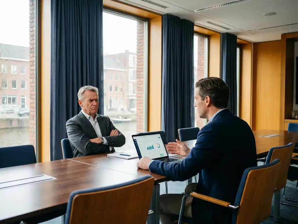 Sceptische directeur met gekruiste armen aan vergadertafel terwijl collega data-visualisaties toont op laptop, modern Nederlands kantoor.