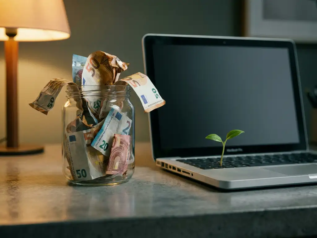 Euro bankbiljetten die verwelken in een glazen pot naast een laptop waaruit een groen plantje groeit, op een betonnen bureau.