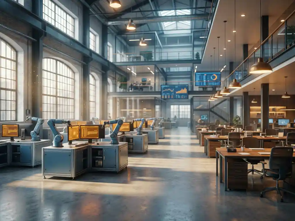 Fabriekshal die naadloos overgaat in een modern kantoor met AI-werkstations op de voorgrond en een uitgebreid netwerk van bureaus op de achtergrond.