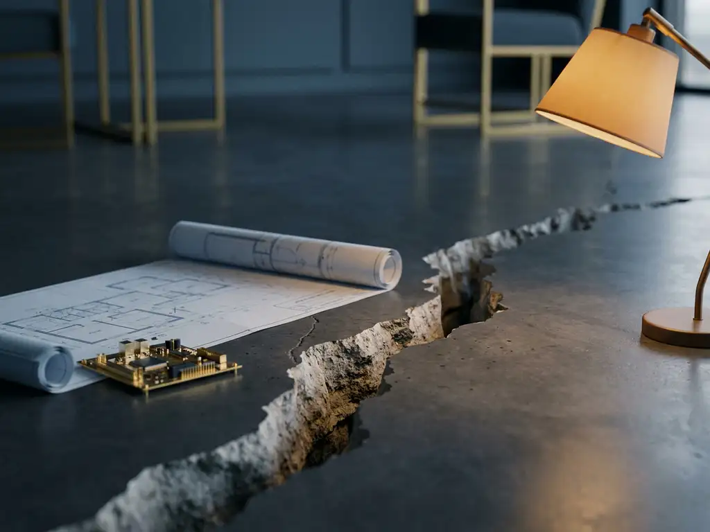 Gebarsten betonnen vloer naast een architectenblauwdruk en AI-circuitmodel, verlicht door een amberkleurige bureaulamp.