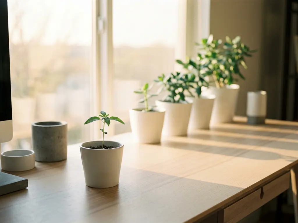 Kleine zaailing in witte pot op minimalistisch bureau, met rij steeds grotere planten richting zonnig venster, symboliseert groei.
