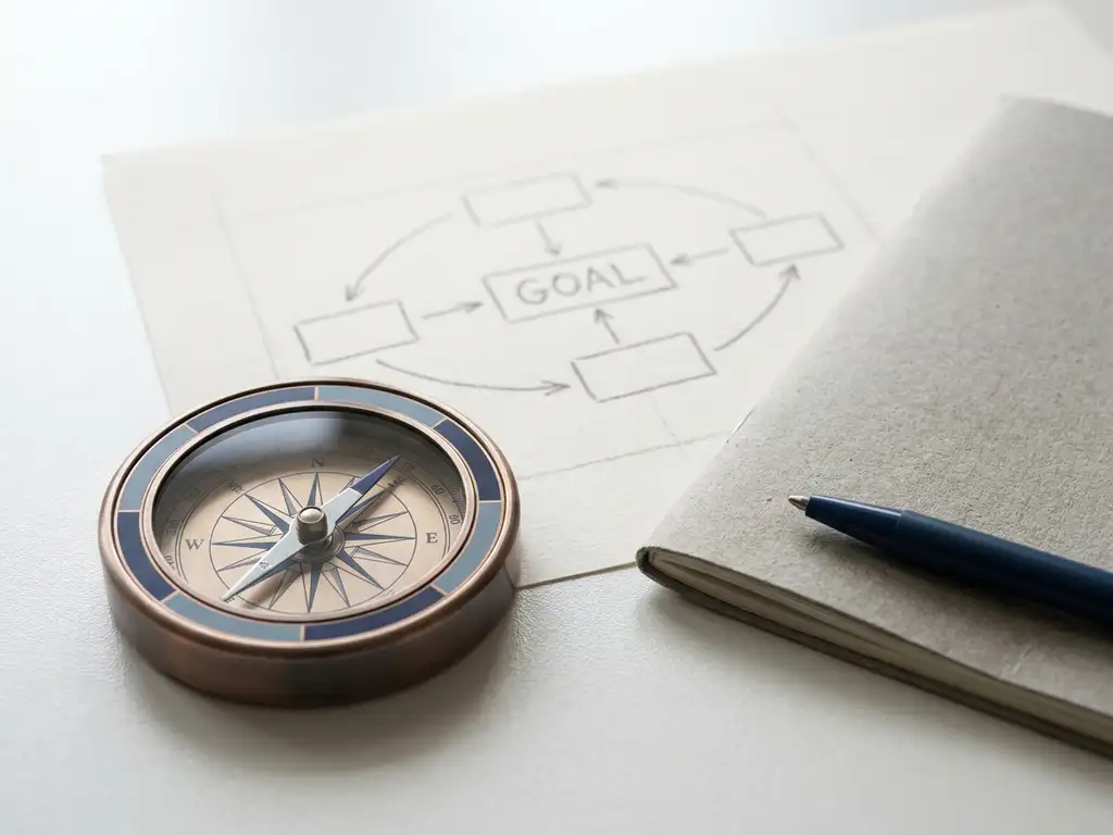 Kompas op wit bureau naast een schetsmatig organisatiediagram, naald wijzend naar een doelstructuur, zacht ochtendlicht.