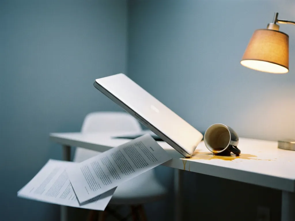 Laptop kantelt van minimalistische witte bureau terwijl koffiekop omvalt en papieren glijden, sfeervolle blauwgrijze werkplek met amberkleurig lampje.