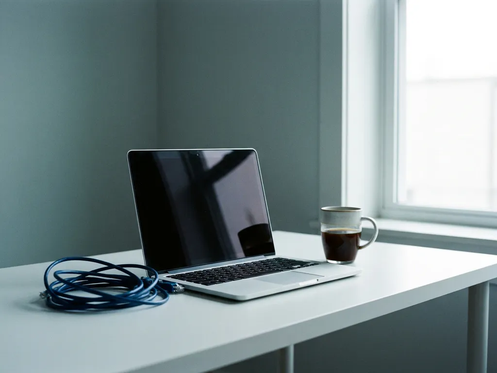 Moderne laptop met zwart scherm op wit bureau, naast verward ethernetkabel en afgekoelde koffie, grijs daglicht vanuit raam.