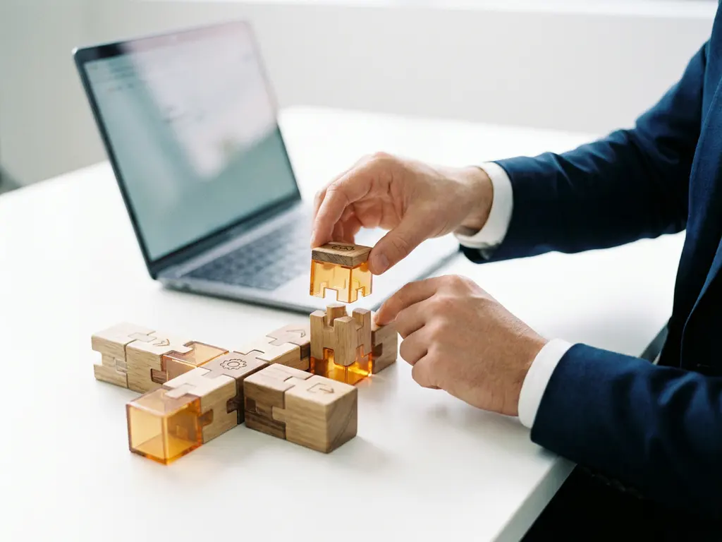 Zakelijke handen die modulaire blokken tot een heldere processtructuur assembleren op een wit bureau, met laptop op de achtergrond.