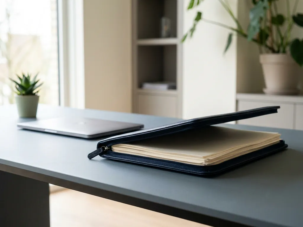 Open leren beleidsmap op modern bureau met laptop en kamerplant in professionele kantooromgeving, zacht natuurlijk licht.