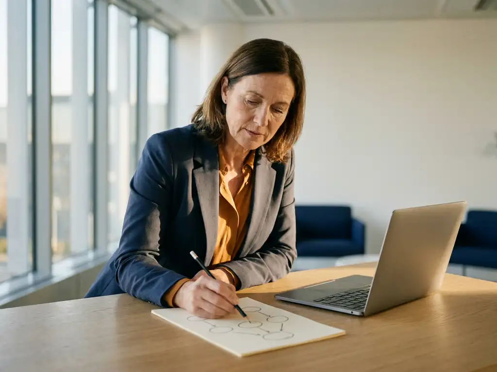 Professional in zakelijk pak bestudeert handgetekend diagram van verbonden cirkels aan modern bureau, laptop open, warm middaglicht.