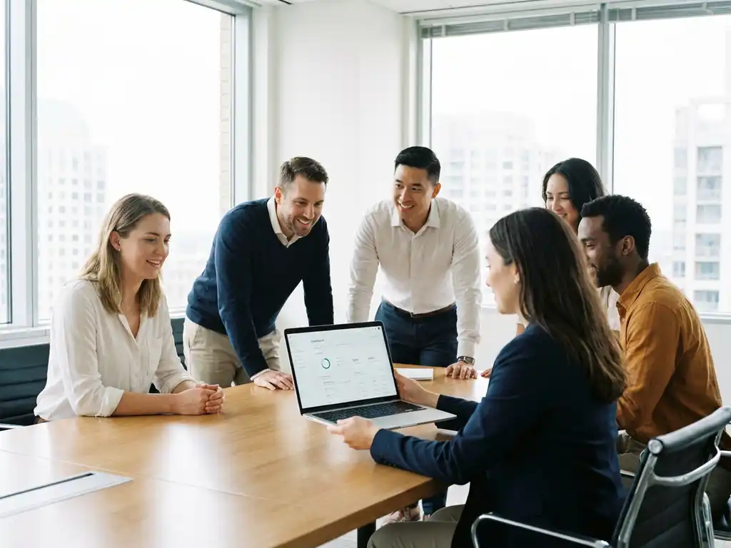 Divers team van professionals rond een vergadertafel in modern Nederlands kantoor, collega's kijken nieuwsgierig naar laptopscherm met dashboard.