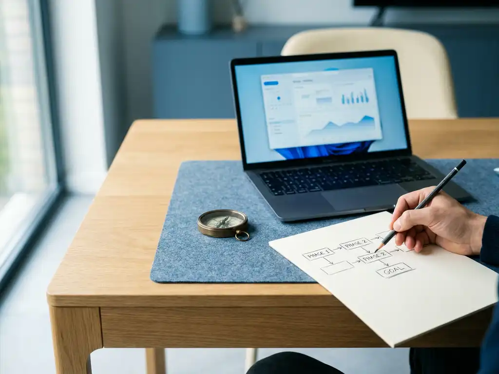 Hand die een routekaart schetst op wit papier, met een laptop en kompas op een minimalistisch bureau in zacht daglicht.
