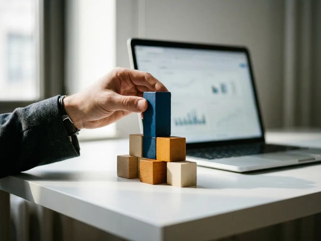 Hand die gekleurde houten blokken op prioriteit rangschikt op wit bureau, met laptop op de achtergrond, zakelijke strategieplanning.