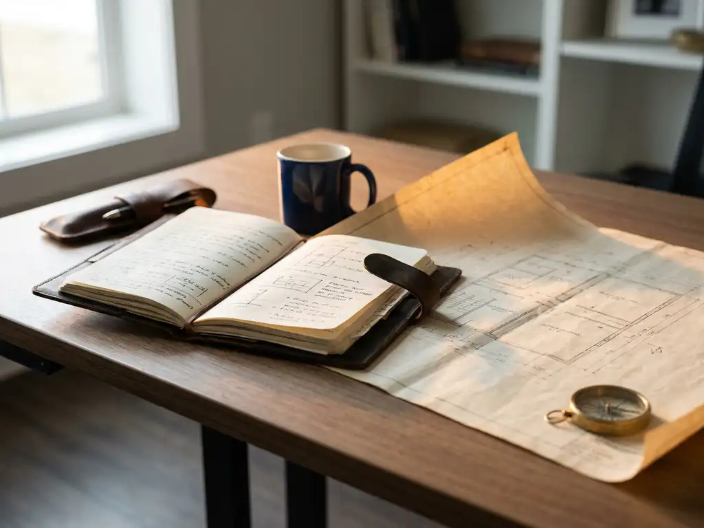 Opengeslagen leren notitieboek op modern bureau met architectonische blauwdruk en kompas, zachte natuurlijke belichting.