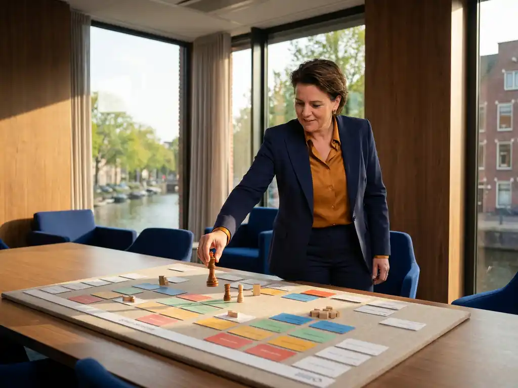 Zelfverzekerde bedrijfsleider plaatst schaakstuk op strategisch planningsbord in modern Nederlands kantoor met vloer-tot-plafond ramen.