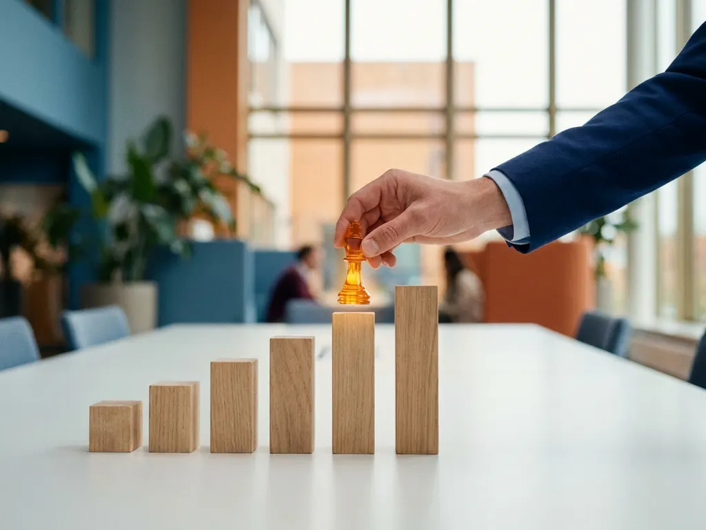 Hand plaatst gloeiende schaakstuk op hoogste houten blok in gerangschikte rij, symboliseert strategische prioritering in modern kantoor.